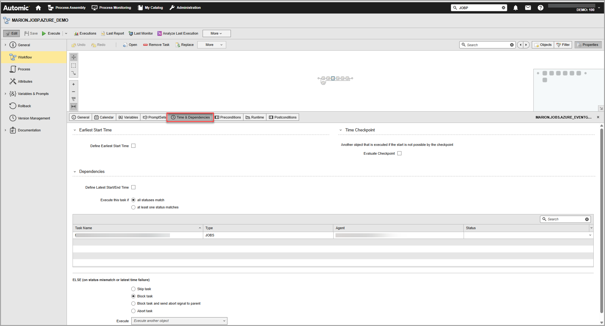 Screenshot of a Workflow showing the Time & Dependencies tab.