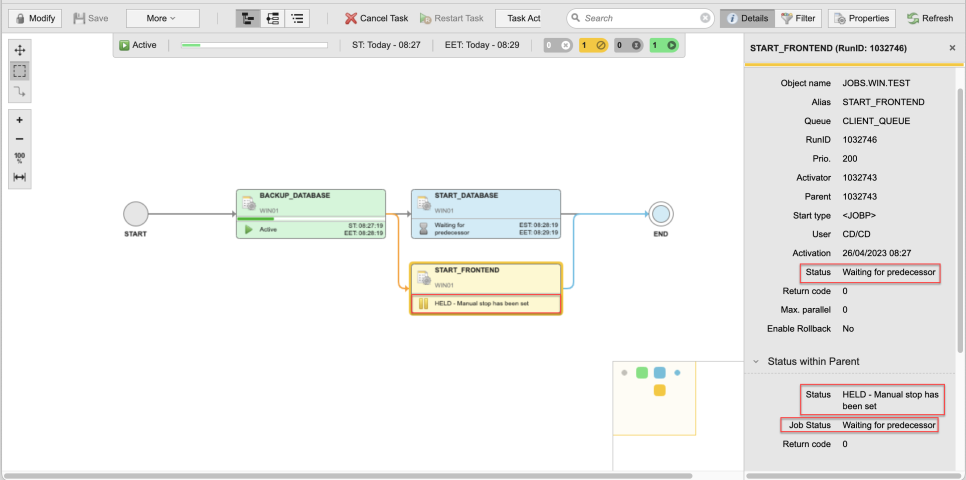 Screenahost of the Workflow monitor where the Deails pane is dispalyed showing the properties of the task