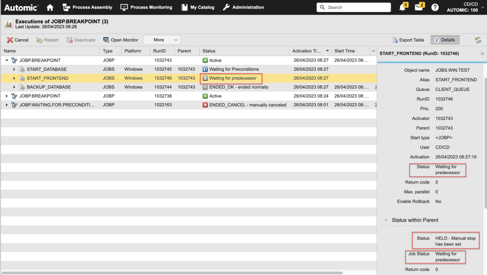 Screenshot of the Executions list where the Details pane is displayed