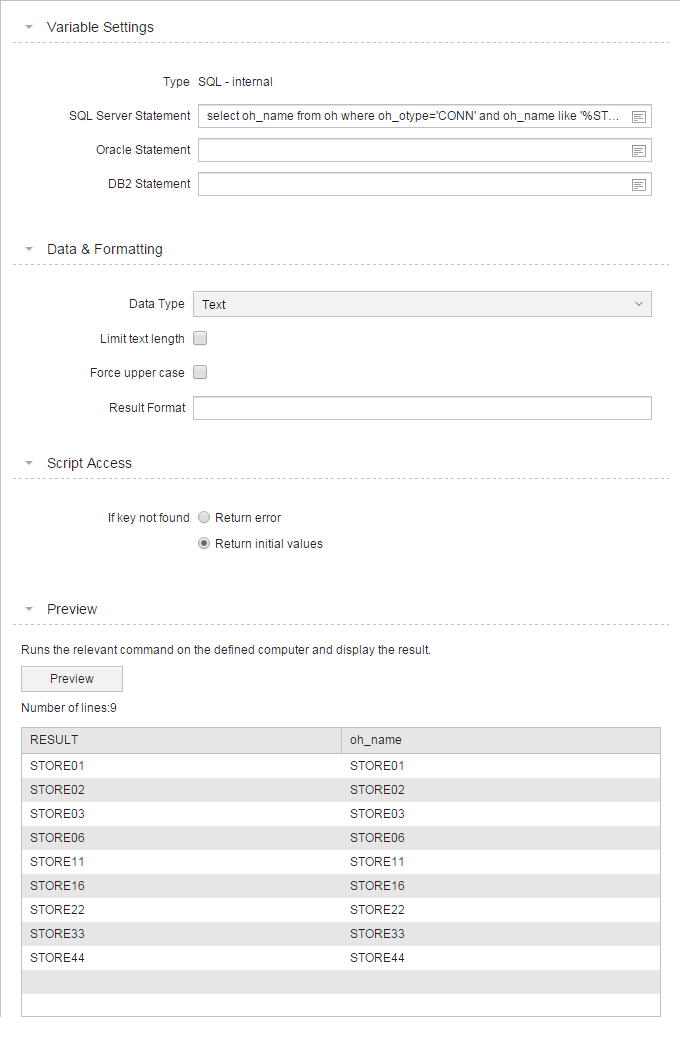 The image shows variable settings for an SQL-internal type, including a SQL Server statement similar to VARA.SQLI.CONNECTION_NAME from "Using Variables in FTP Jobs." This statement selects oh_name from the oh table where oh_otype is 'CONN' and oh_name is like '%ST...%', returning a list of host names, specifically those following the "STORE" naming convention and excluding "OLD." The image also previews results like STORE01, STORE02, and STORE03.