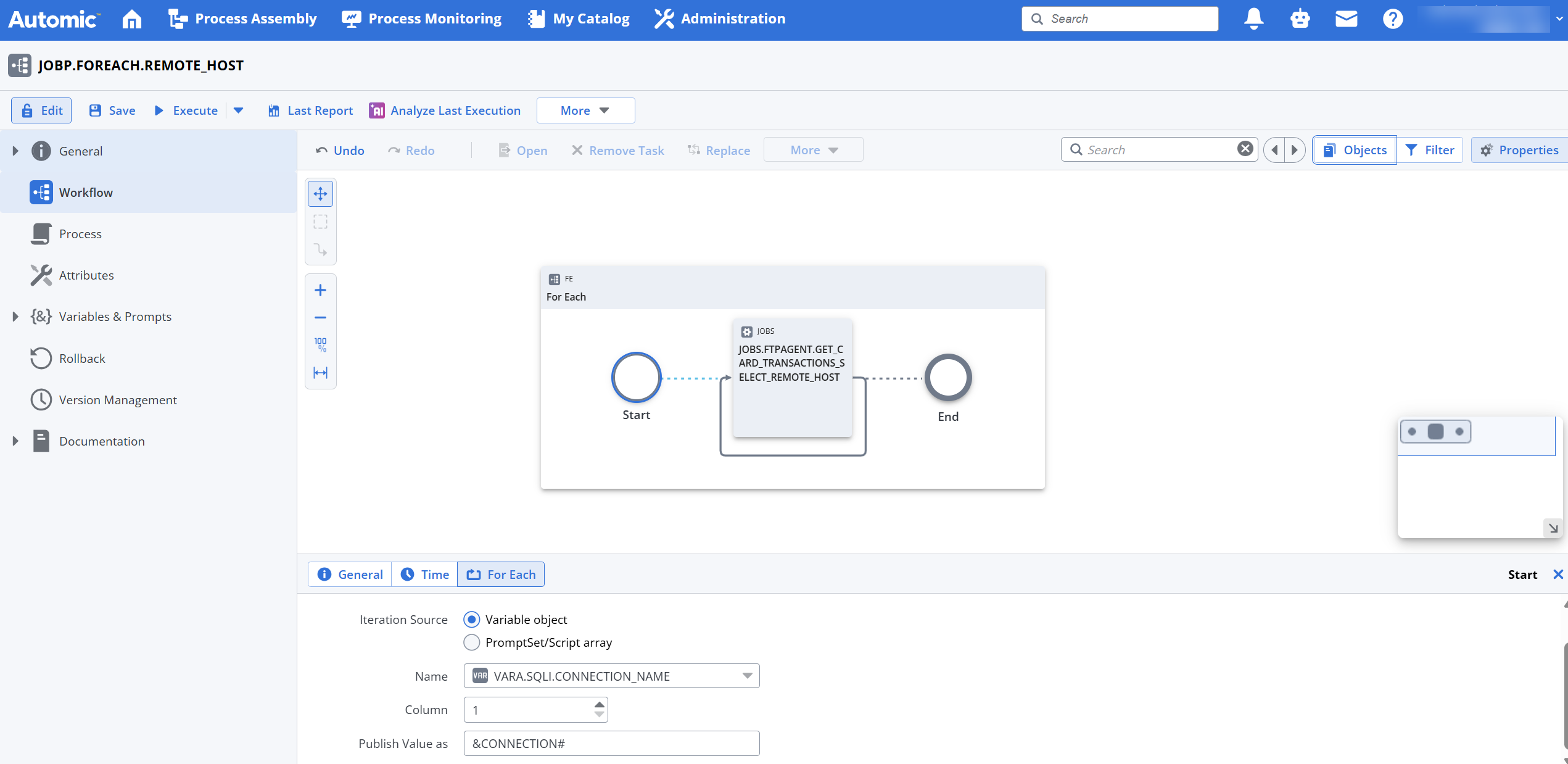 The image shows a ForEach Workflow. The Iteration Source is a Variable object named VARA.SQLI.CONNECTION_NAME. The value is published as &CONNECTION#. When the workflow runs, it spawns an instance of the FTP Job for every host returned by the VARA object.