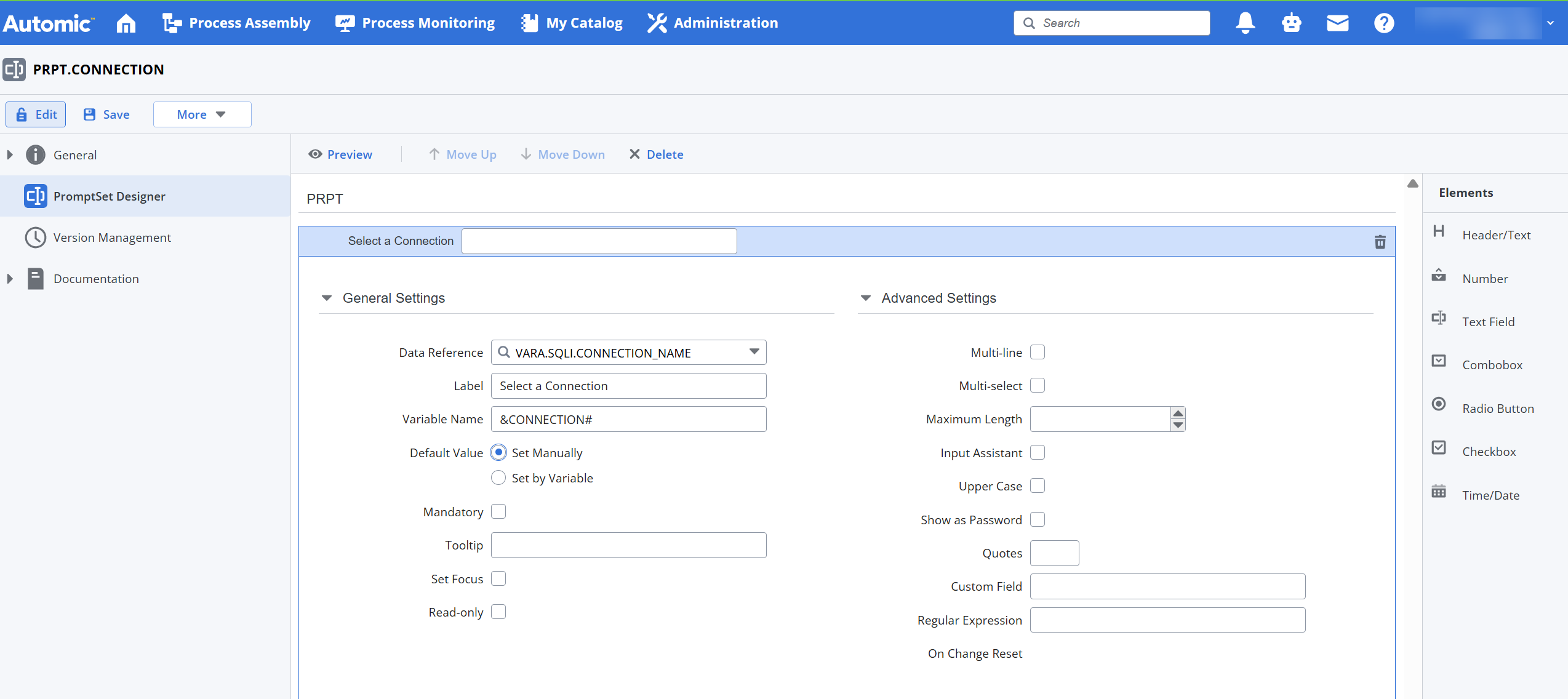 The image shows the PromptSet Designer where the setting for the prompt "Select a Connection" uses VARA.SQLI.CONNECTION_NAME as the data reference and &CONNECTION as the variable name. STORE12 is the manual default selection. This configuration dynamically selects an FTP host from a VARA object-generated list (e.g., STORE<number>) via an SQL statement for FTP Jobs.