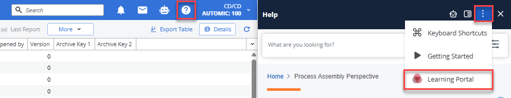 Screenshot showing the expanded dropdown where the link to the Learning Portal is available.