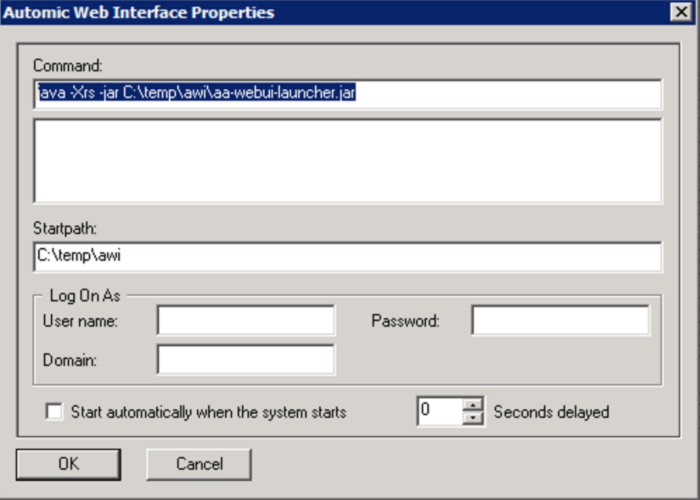 Image showing the properties dialog text box with the command line for starting the Automic Web Interface service pasted into it, specifying execution parameters and paths.