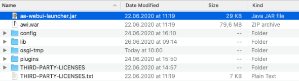 Screenshot displaying the contents of the Automic Web Interface ZIP file after extraction, showing folders and files necessary for the installation and configuration of the AWI.