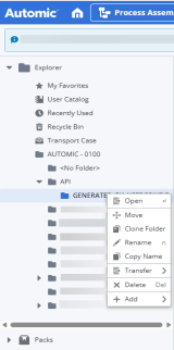 Screenshot of the left pane in the Process Assembly perspective; the user has right-clicked on a folder and the context menu shows the corresponding AWI functions (Open, Move, Clone Folder, and so forth)