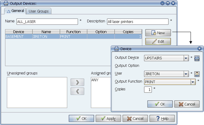 Use the New button to add an output device to a distribution list