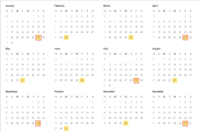 Calendar with highlighted days that are both end of month and working day