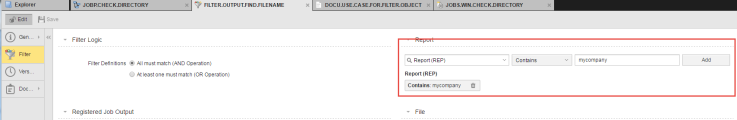Screenshot of the Filter page on which the folloing setting are defined in the Report section: "Report (REP)" contains "mycompany"