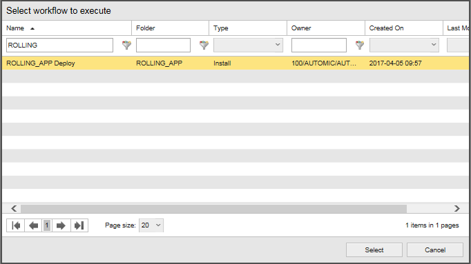 Image displaying Select workflow to execute window