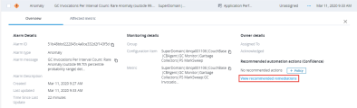 Closer view of the Overview tab of the selected alarm, where the link to open the list of available Workflows is highlighted. The link is called View recommended remediations