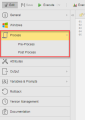 Screenshot showing the left pane in the Job object page. The node for the Process page is expanded and the sub pages are displayed. They are the Pre Process and the Post Process pages.