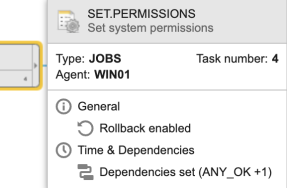 Screenshot of a task where a status dependency has been defined. The tootip is displayed and reads "Dependencies se (ANY_OK +1)", meaning that this task has two dependencies.