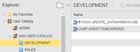 Screenshot of the development folder in the User Catalof, where the Workflows are now available