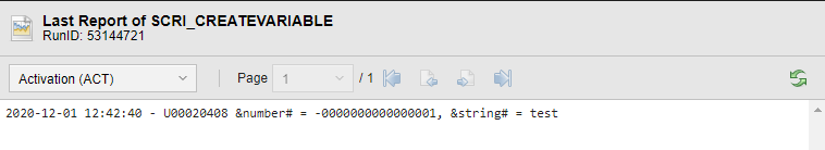 Screenshot of the Activation report displaying the following information:  2021-04-06 14:48:17 - U0020408 &number# = -0000000000000001, &string# = test