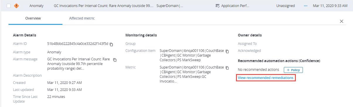Closer view of the Overview tab of the selected alarm, where the link to open the list of available Workflows is highlighted. The link is called View recommended remediations