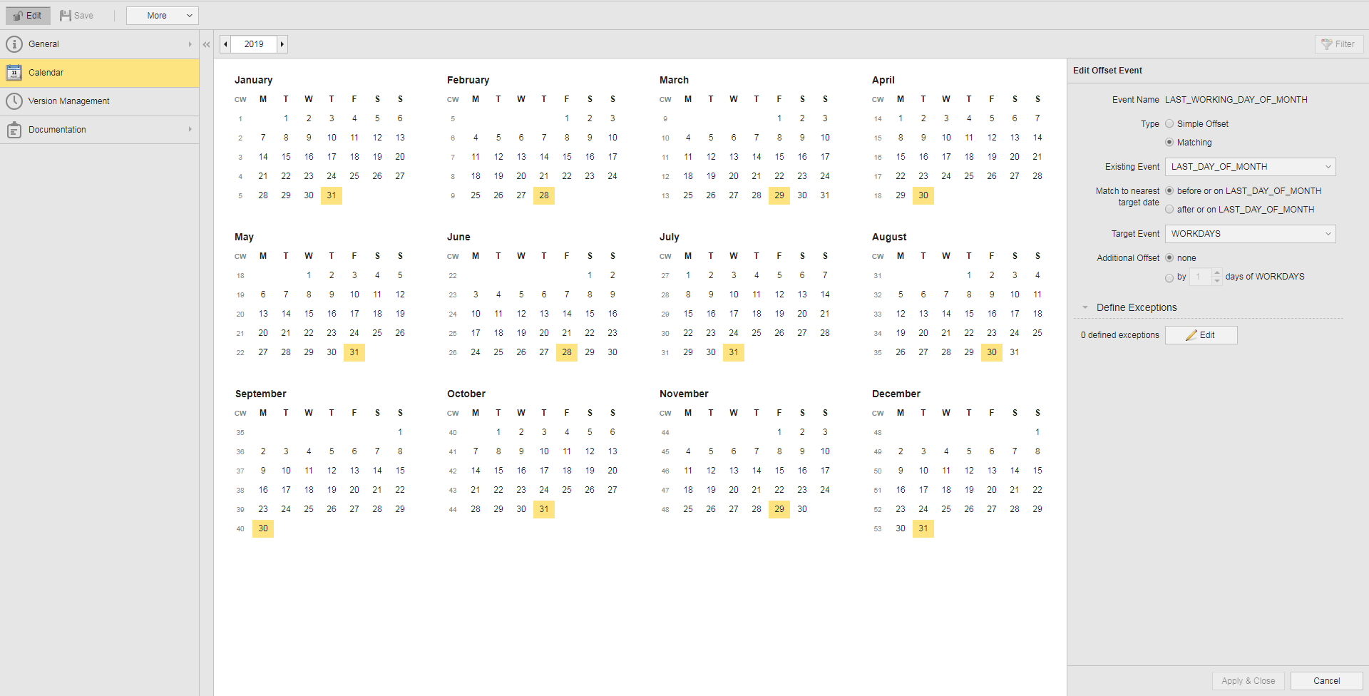 Screenshot of the Calendar view displaying the Last working day of month Calendar Event configuration as described in the previous instructions.