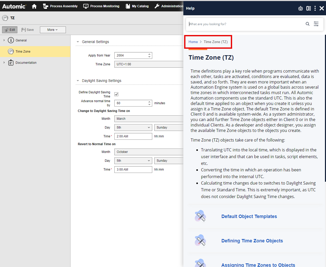 Screenashot showing the panel opened to the Time Zone definition page. On top of the title, the breadcrumbs are available, where HOME is the starting point. The screenshot highlights Home.