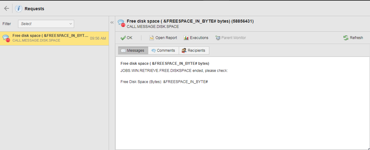 Screenshot of the Requests view, where the left pane contains an entry for the messages created by the Notification object. The message is selected and the content area shows the subject and the text of the message.