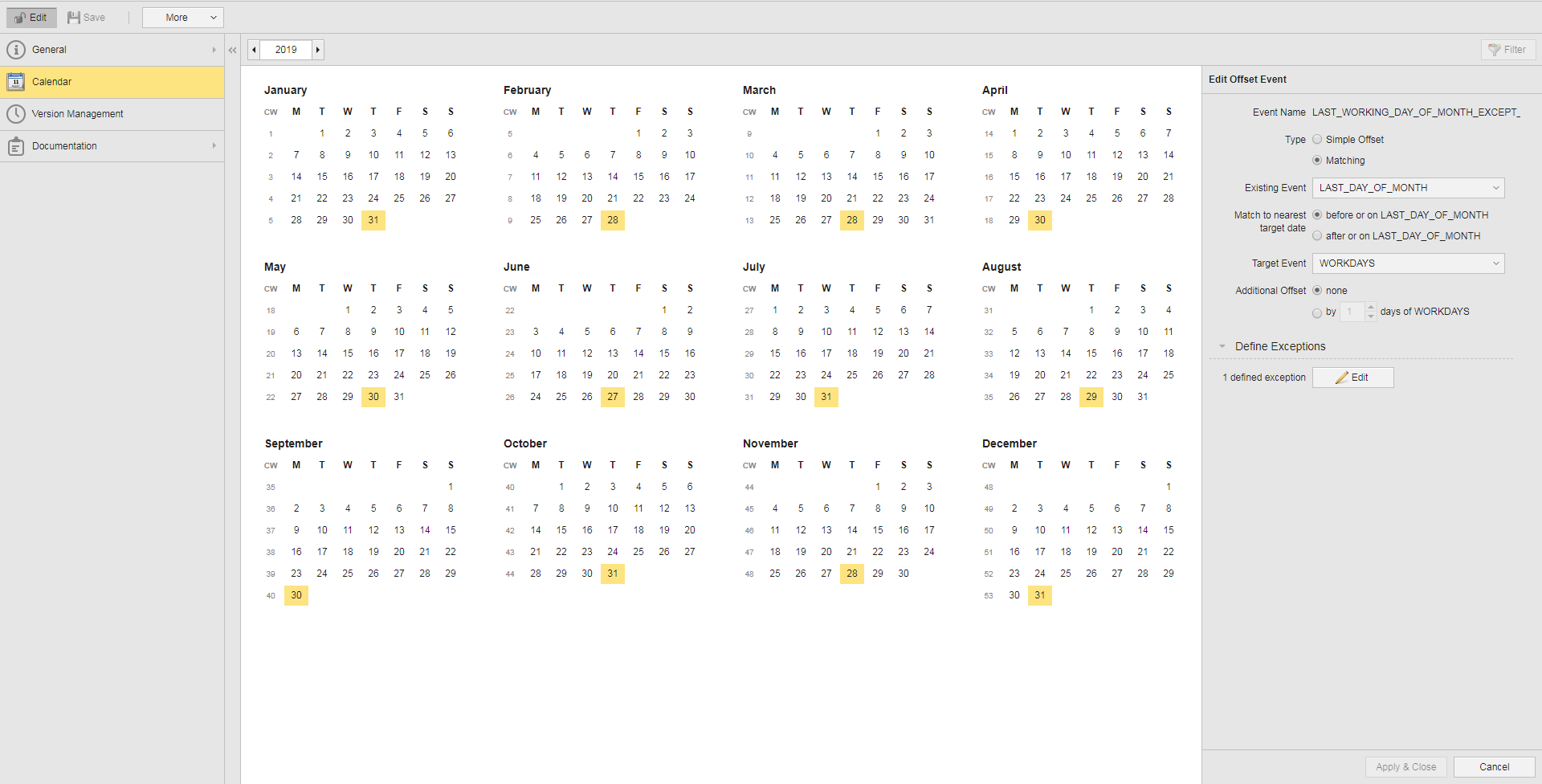 Screenshot of the Calendar view displaying the Last working day of month exclusing Friays  Calendar Event configuration as described in the previous instructions.