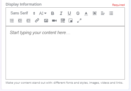 A screenshot of the "Display Information" rich text editor, showing a blank text box and a toolbar with options for text formatting, links, and media insertion.