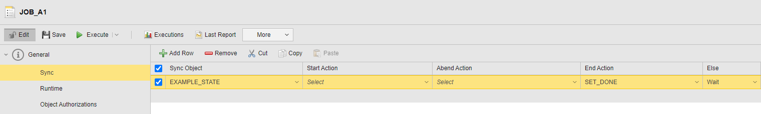 Screensbot of the Sync definition page of JOB_A1 where the EXAMPLE_STATE Sync object is assigned. The followng options are defined: End Action = SET_DONE, Else = Wait.