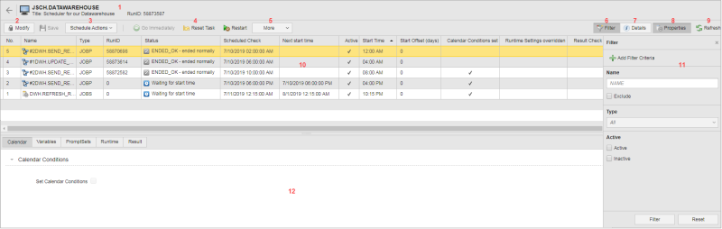 Screenshot of a Schedule Monitor where all elements are numbered.