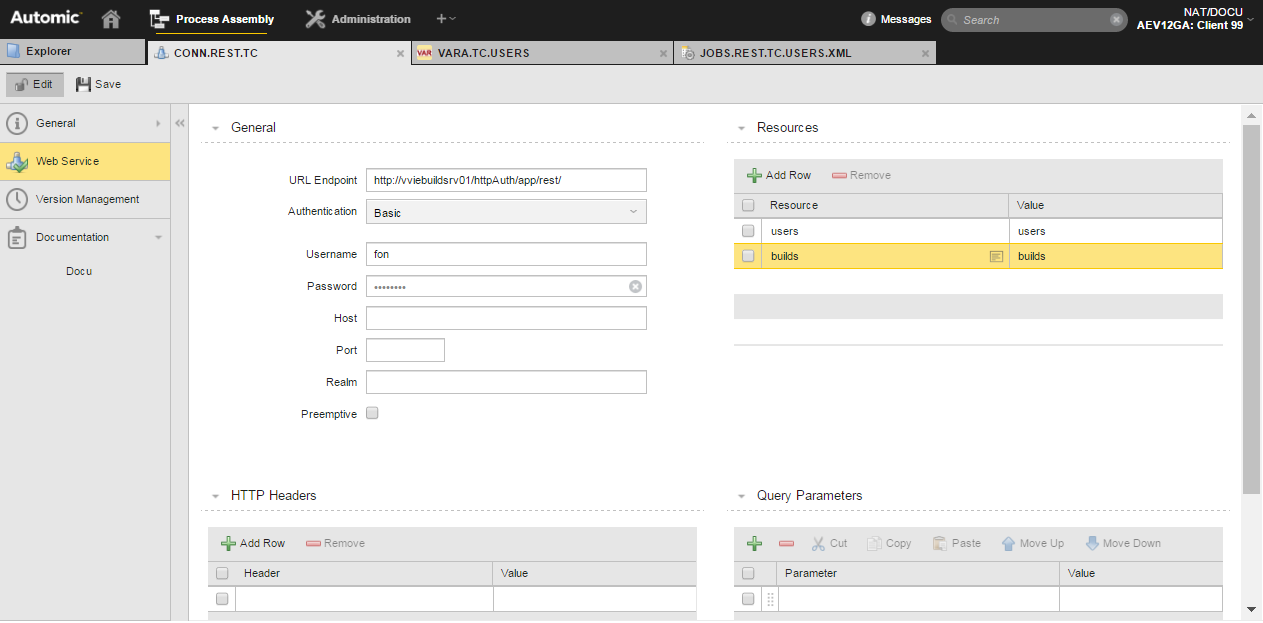 Screesnhot of the Connection object where users/users and builds/builds are defined as resources.