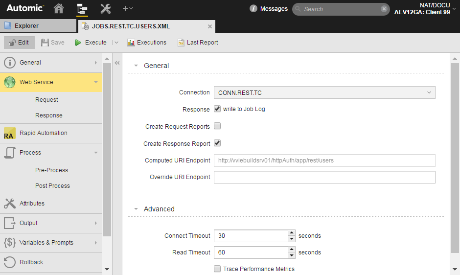 Screenshot of the Web Service Jobs showing the Web Service page. It is configured to use the mentioned Connection object. The timeout settings are also defined.