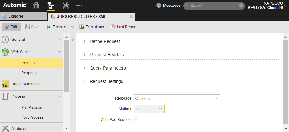 Screenshot of the Request sub-page in the REST Job where the resource = users and the Method = GET.