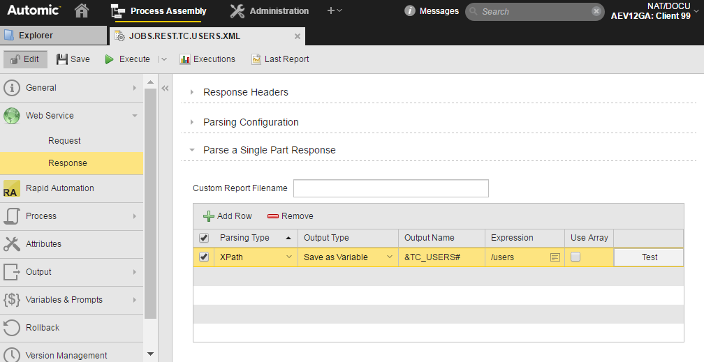 Screenshot of the Response sub-page settings in the REST Job where the XPath is defined (Output type = Save as variable, Output name = 