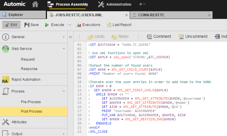 Screenshot of the Post-Process page of the REST Job containing the script described below.
