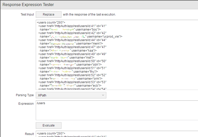 Screenshot of the Response expression tester.