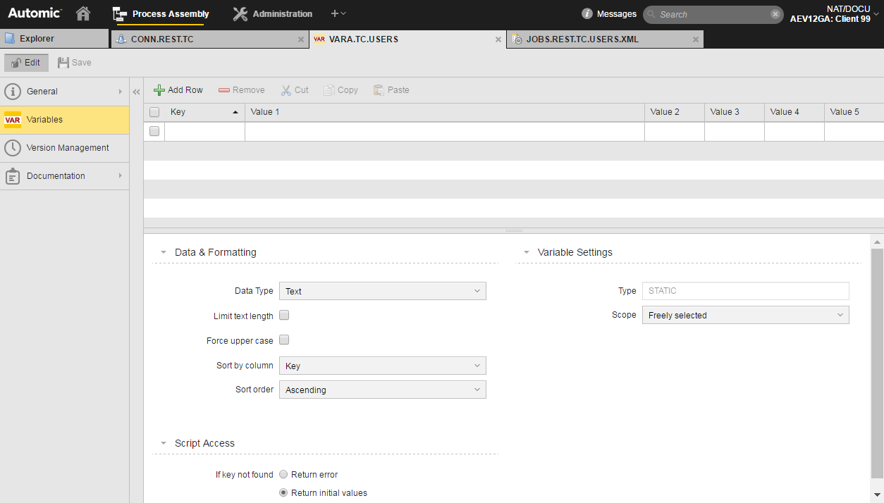 Screenshot of the Static VARA object with data type Text, Sort by column Key and Sort oder Ascending.