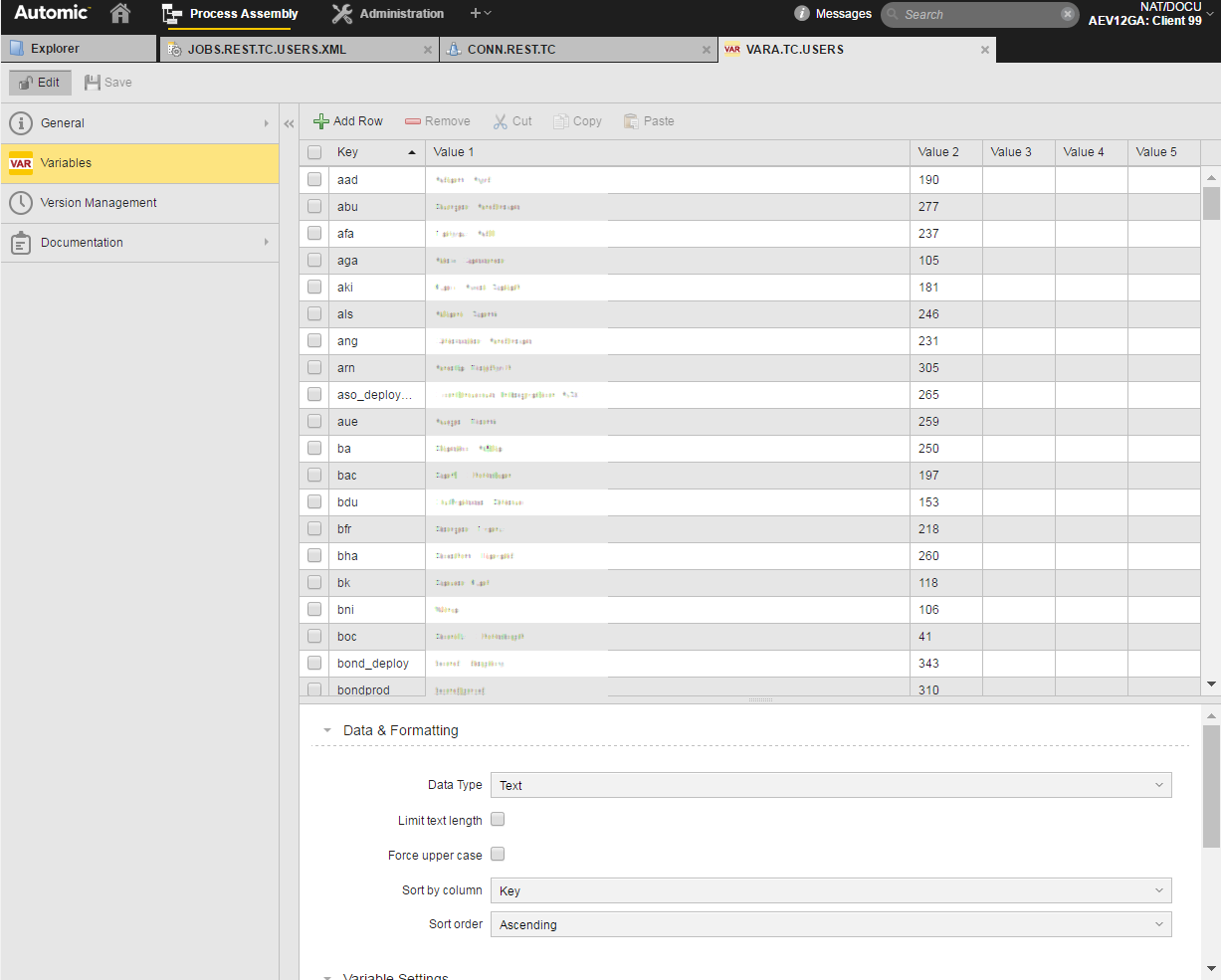 Screenshot of the VARA object populated with user list