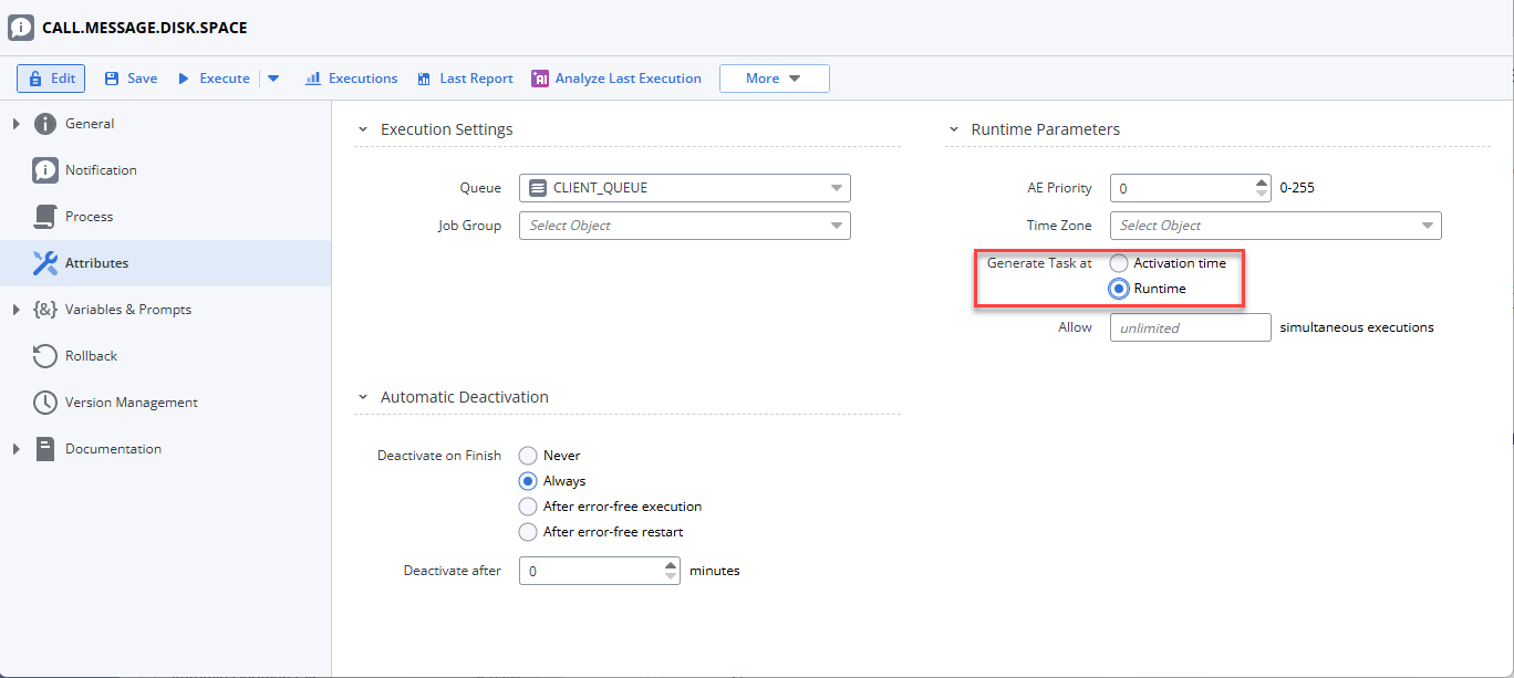 Screenshot of the Attributes page of the object where the Generate Task at Activation/Generation option is highlighted.