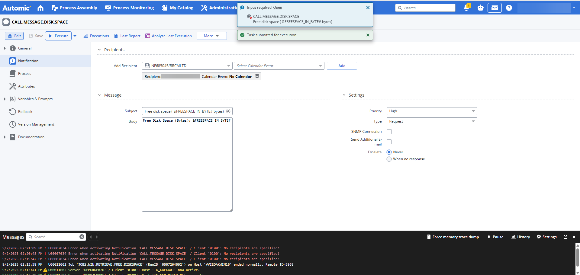 Screenshot of the Notification object hat has been executed. At the top of the screen, two pop ups are displayed. One requesting to enter your input and providing a link to the Requests view. The other one is for information purposes and indicates that the task has been submitted for execution.