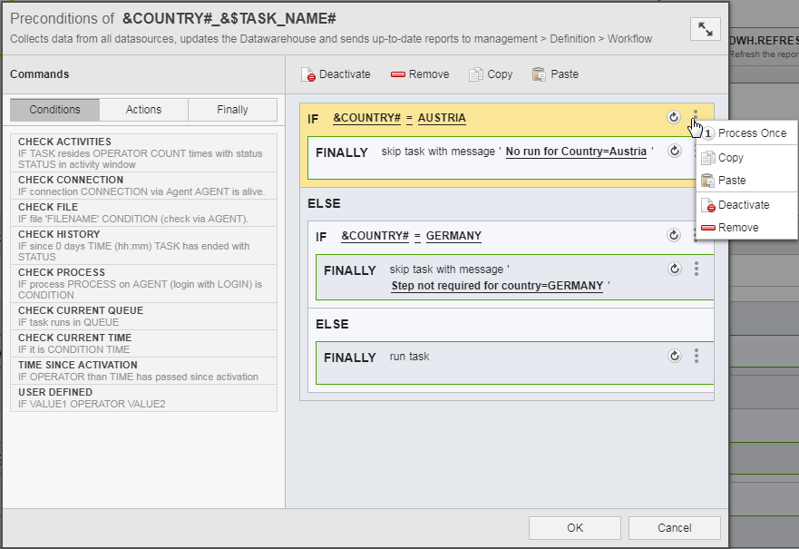 Screenshot showing the preconditions for the Job. The conditions and instructions are described later in this topic.
