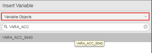 Screesnhot showing the Insert variable dialog where VARA_ACC_9040 is selected.