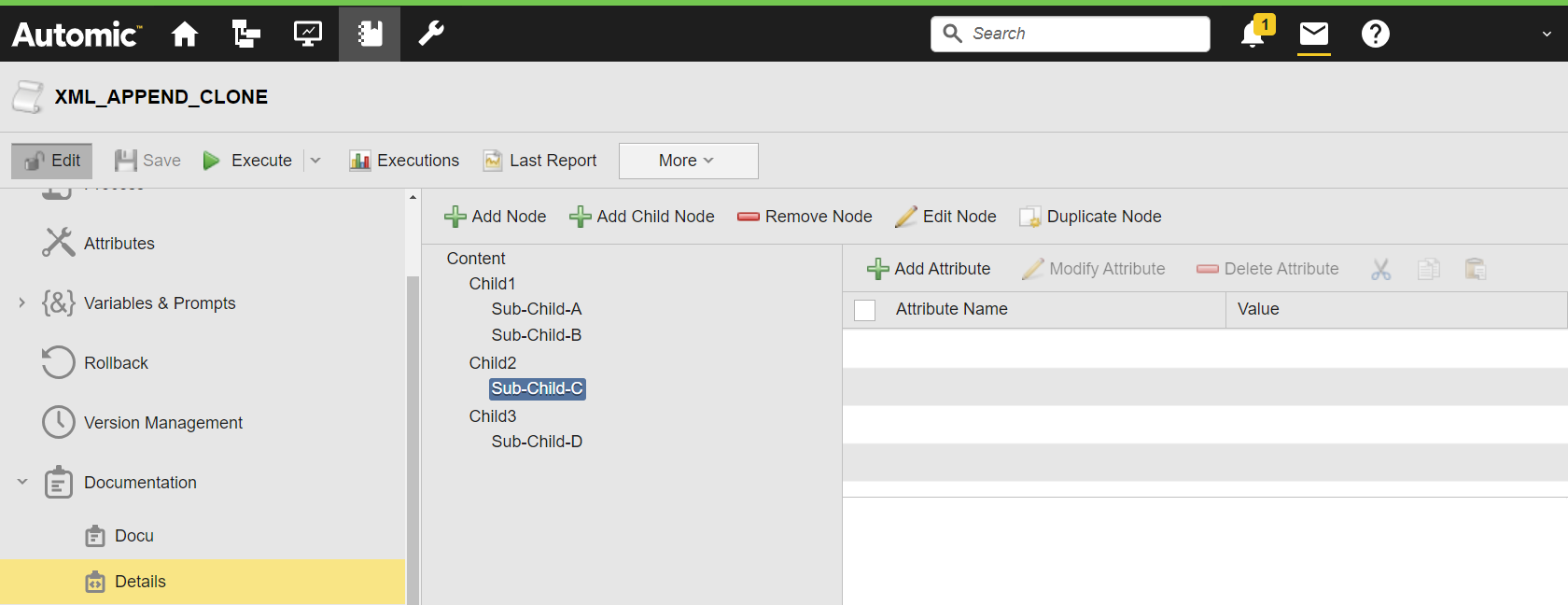 Screenshot showing the @Details Structured Documentation page including a Child1 element with Sub-Child-A and Sub-Child-B, the Child2 element with Sub-Child-C, and the Child3 element with Sub-Child-D