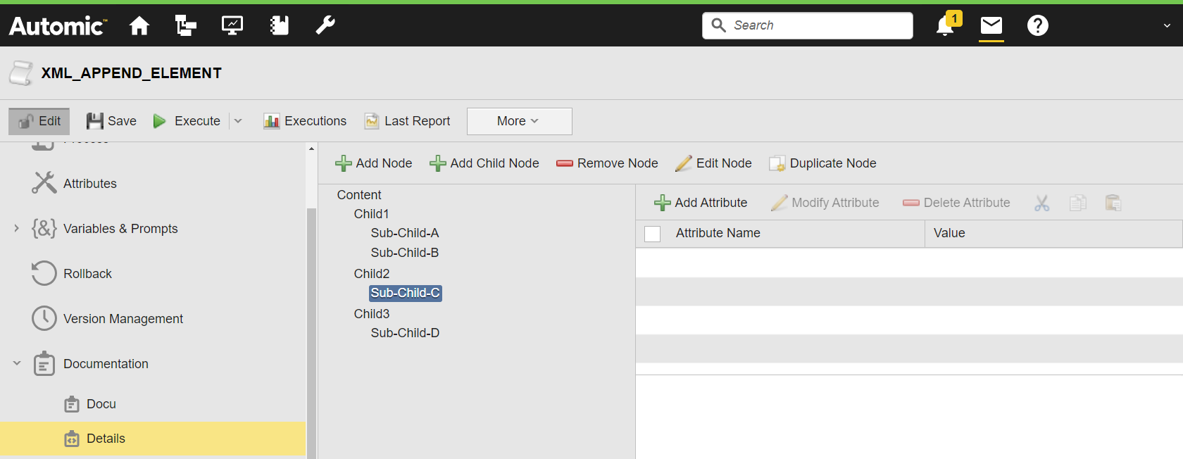 Screenshot of the @Details Structured Documentation page showing the Child1 element with Sub-Child-A and Sub-Child-B, the Child2 element with Sub-Child-C, and the Child3 element with Sub-Child-D