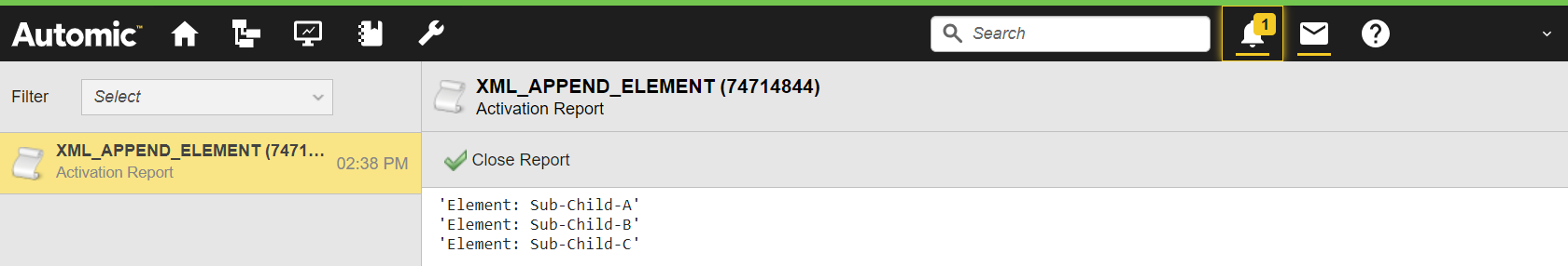 Screenshot of the activation report showing Sub-Child-A, Sub-Child-B and Sub-Child-D, all of which are included in the Child1 element.