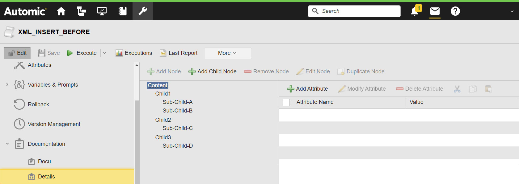 Screenshot showing the @Details Structured Documentation page with the Child1 element which incuds Sub-Child-A and Sub-Child-B, the Child2 element with the Sub-Child_C element, and Child3 with the Sub-Child-D element