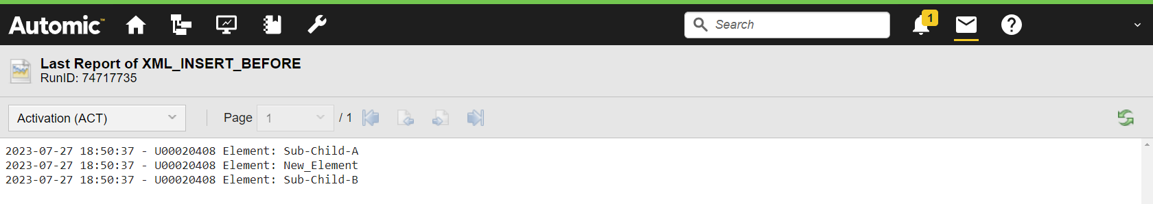 Screenshot of the activation report of XML_INSERT_BEFORE that lists Sub-Child-A, New_Element, and Sub-Child-B
