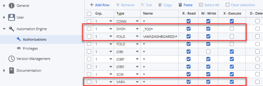 Screenshot of the Authorizations page of the user definition