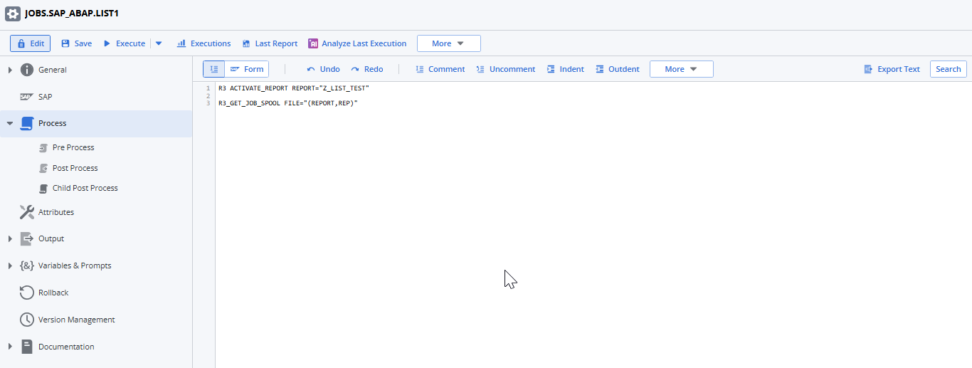 Screenshot of the Process page of the JOBS.SAP_ABAP.LISTS Job showing the script.