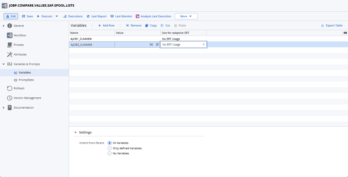 Screenshot of the Variables page of the Workflow where the variables are defined.