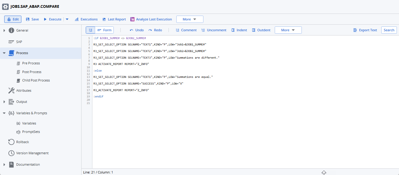 Screenshot of the Process page of the JOBS.SAP_ABAP.COMPARE Job showing the script.