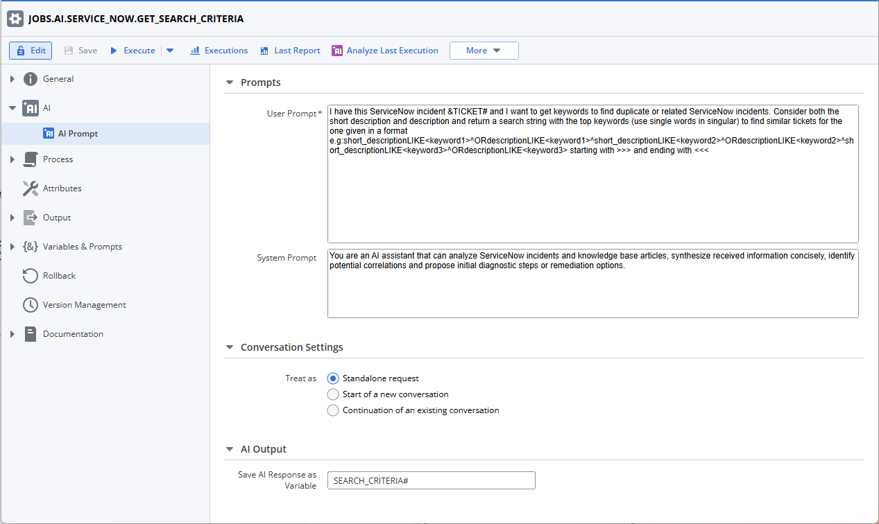 Screenshot of the AI Job showing the mentioned configurations.