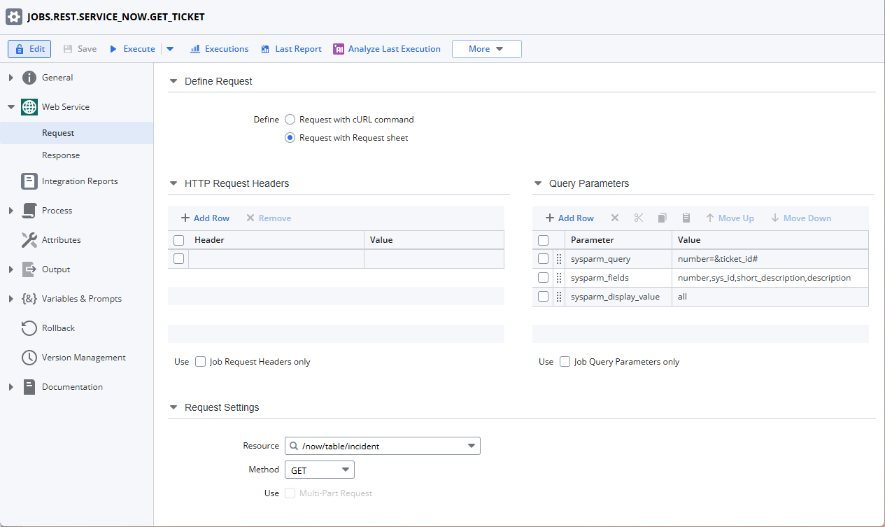 Screenshot of the REST job showing the Request with the mentioned configurations.